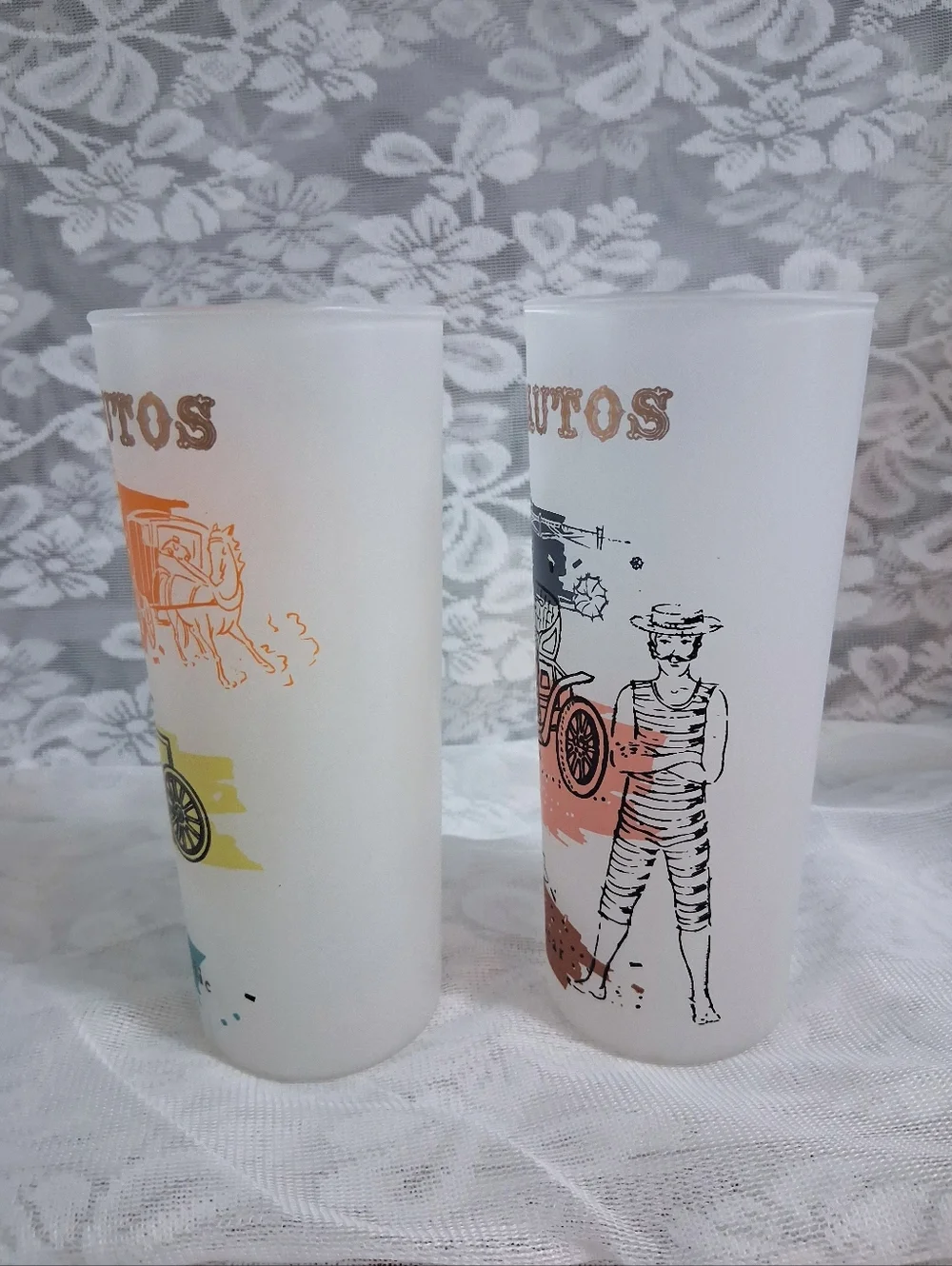 Vintage Anchor Hocking Antique Autos Glasses Highball Tall Drinking Barware Pair